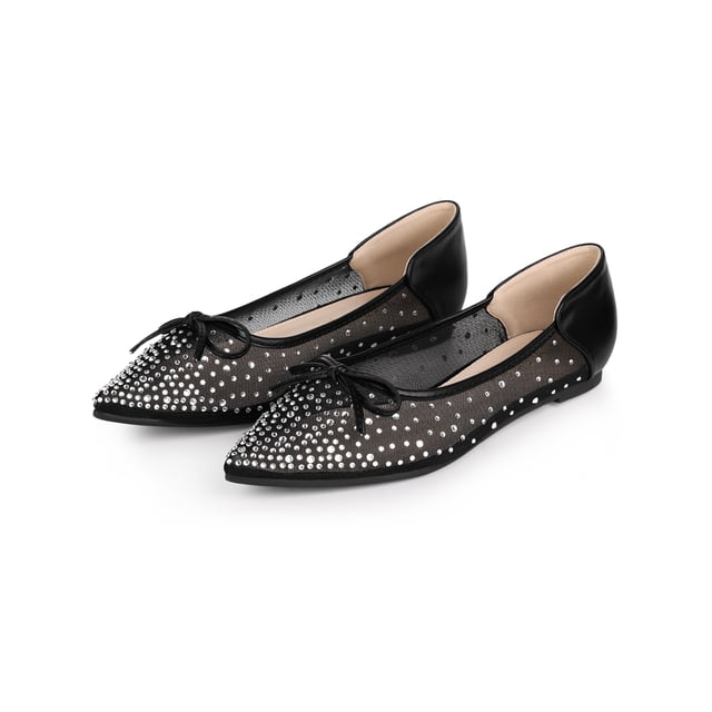 BLISSFUL STEP Ballerines en Maille à Strass Pointus pour Femmes Noir Blanc (Taille 7,5)