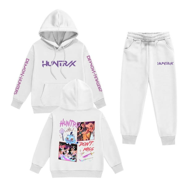 Pop cazadora para niña Demon Hunters Printed Anime Print Long-Sleeved Hooded Sweatshirt Set for Children 3-16 Years (White)