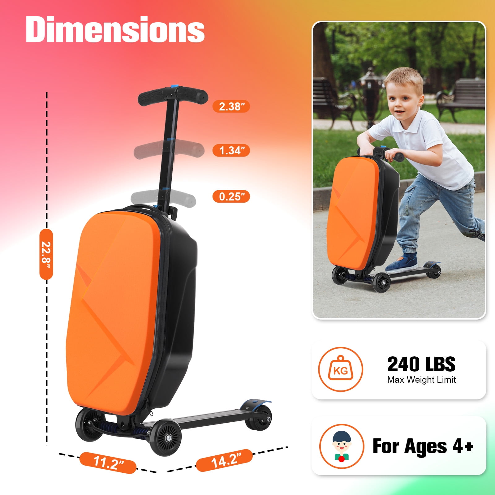 Advwin Scooter Luggage for Kids & Adults, Hardside Ride on Suitcase for Kids Ages 4-15 Multifunctional Lightweight Foldable Carry on Luggage with Wheels Ride on for Children Teenagers, Orange