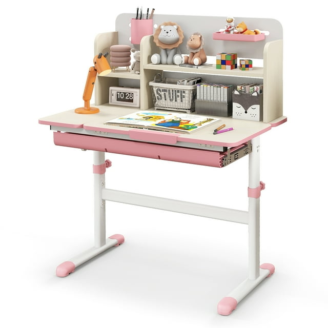 Gymax Kids Multifunctional Study Table Study Desk w/ Tiltable Desktop Book Stand Pink