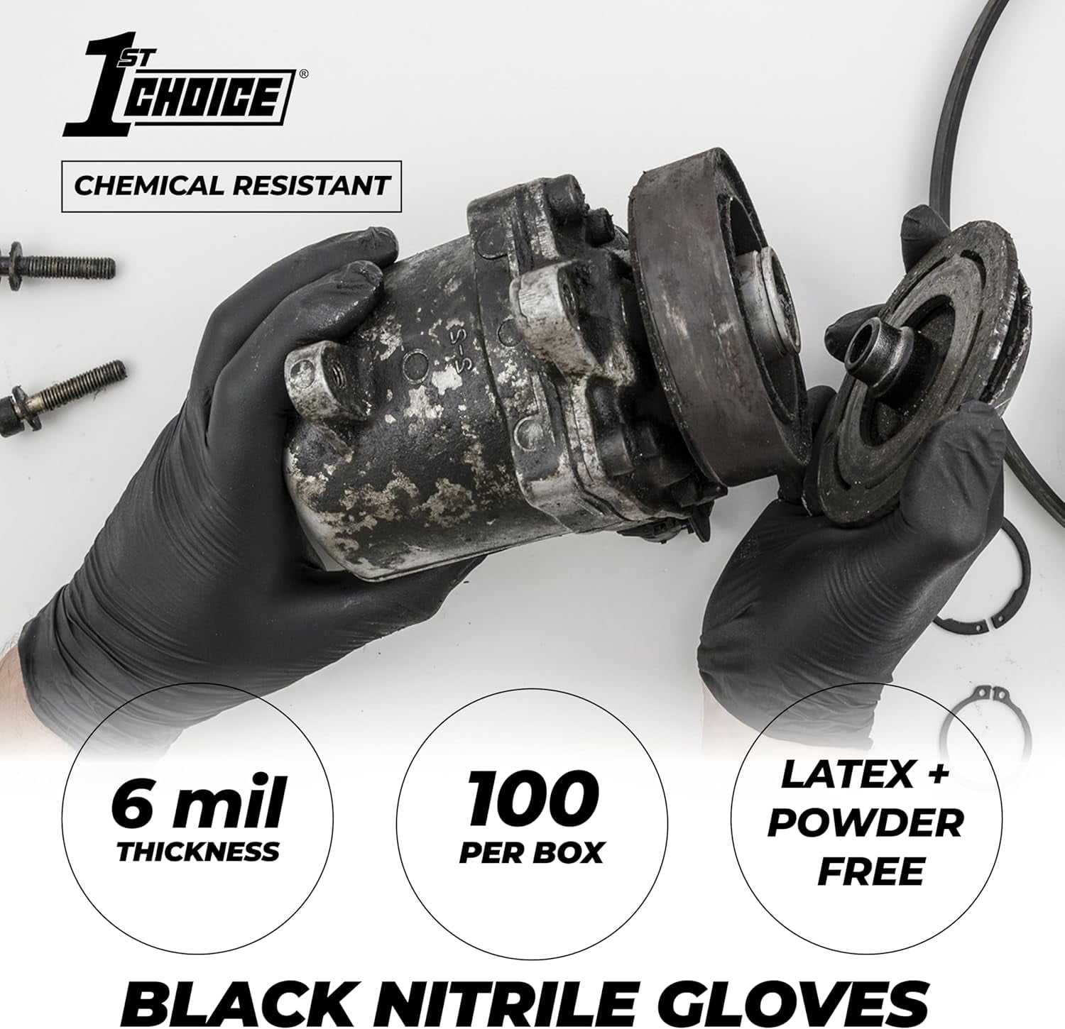 Nitrile Gloves, Disposable, Latex-Free, Black, 6 Mil, Industrial, for Mechanics, Cleaning, Automotive and Home Use