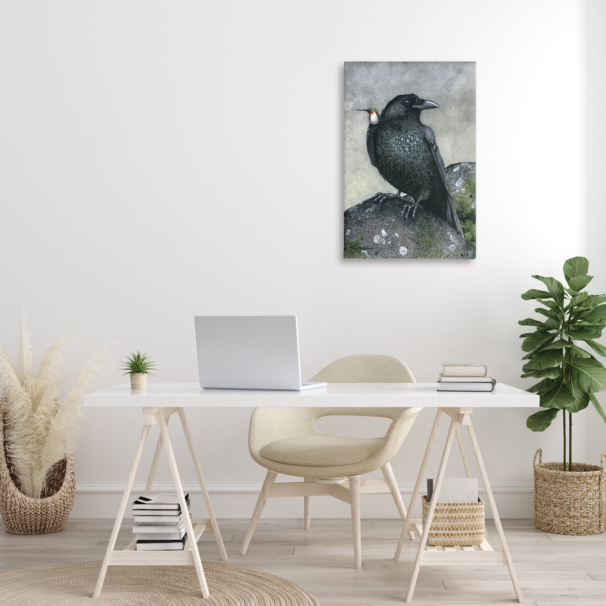 Stupell Industries Crow & Hummingbird Perched Animals & Insects Painting Gallery Wrapped Canvas Art Print Wall Art, 20 x 30