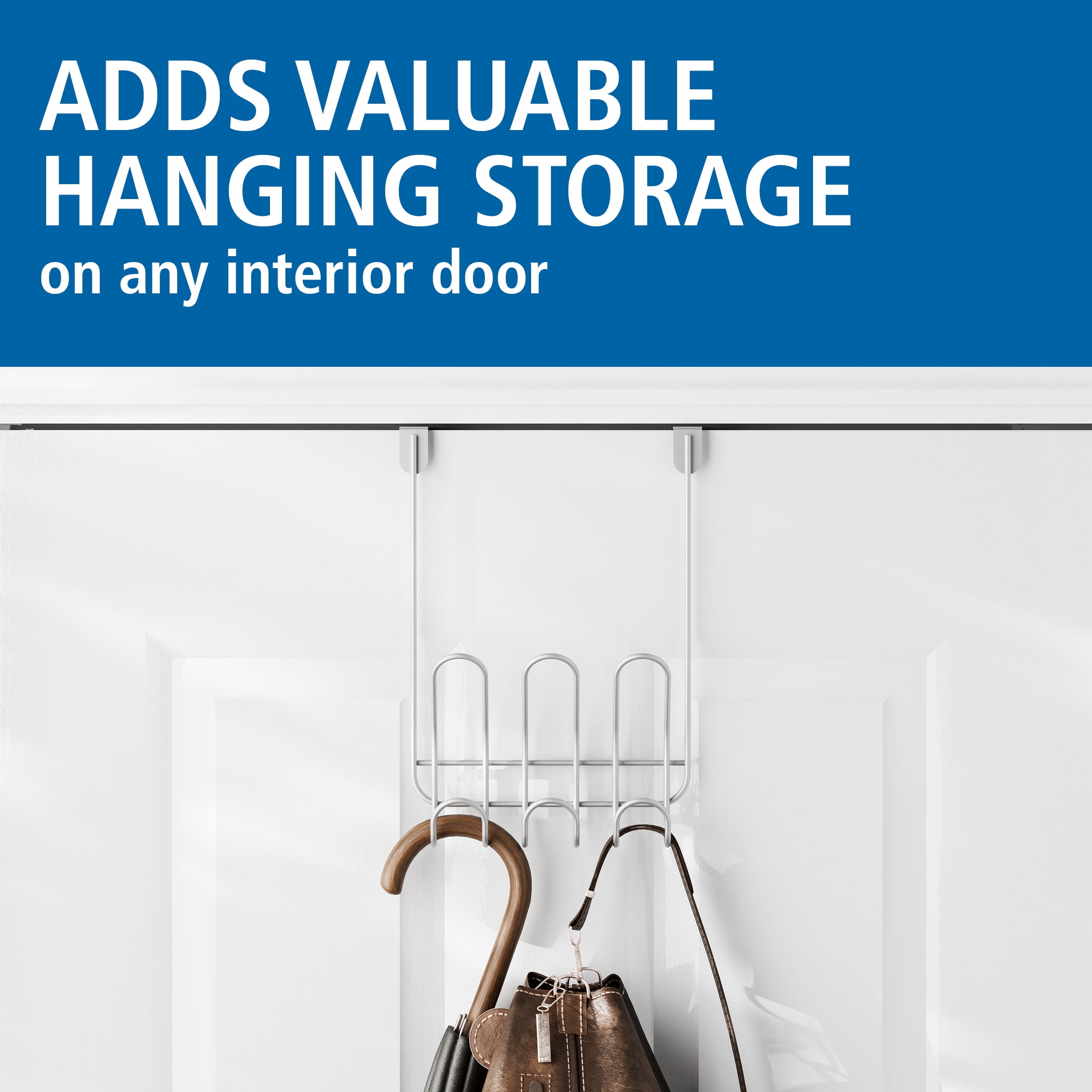 Mainstays Over-the-Door 3-Hook Rack, Satin Nickel, 6 Hooks Total