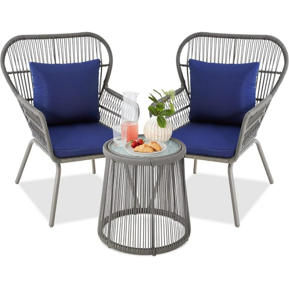 CHAUKY 3-Piece Patio Conversation Bistro Set, Outdoor All-Weather Wicker Furniture for Porch, Backyard w/ 2 Wide Ergonomic Chairs, Cushions, Glass Top Side Table - Gray/Navy