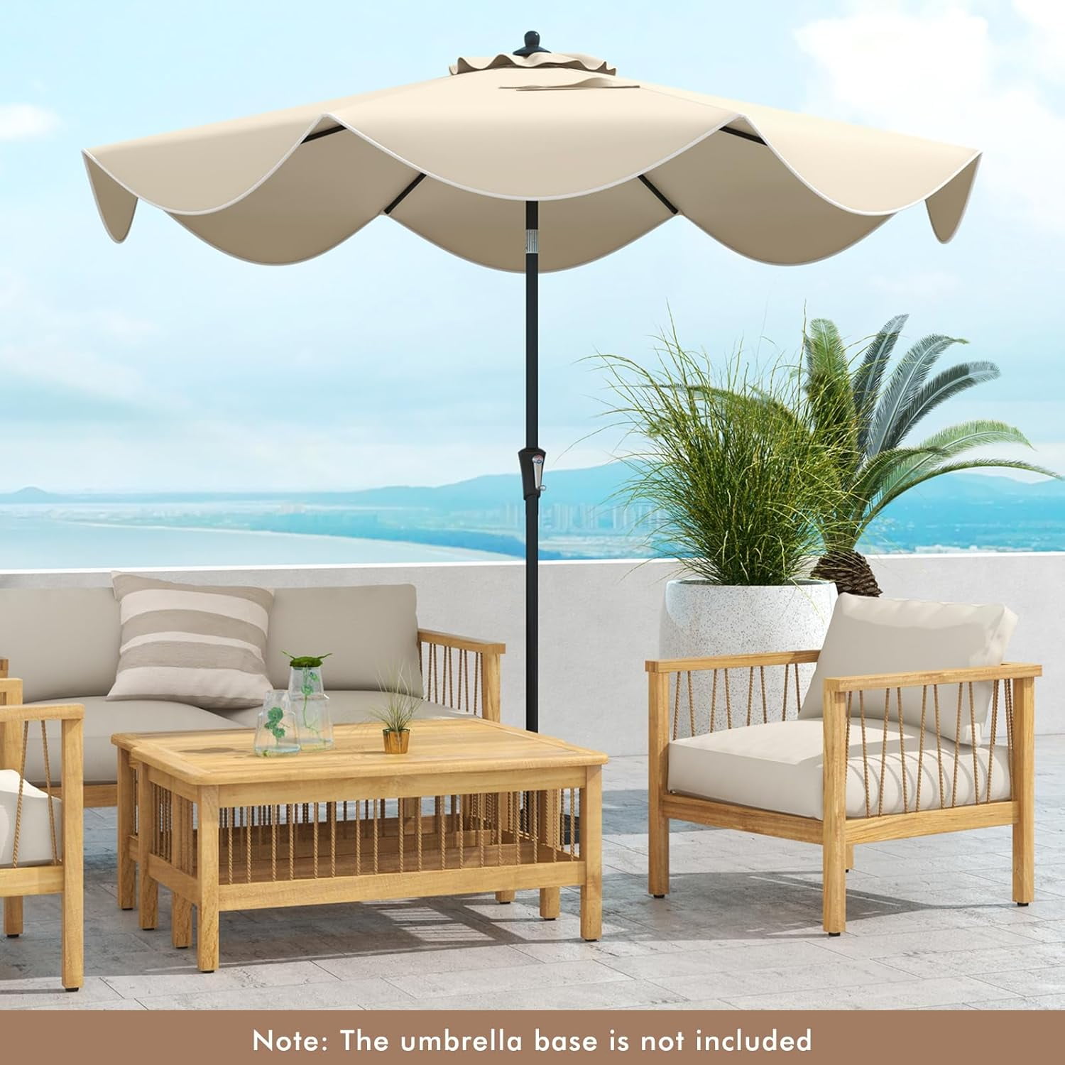 ZYPPP  9Ft Patio Umbrella, Outdoor Umbrella with Crank Handle, Push Button Tilt, 2-Tier Beach Umbrella with Sun-Protective Canopy, 8 Ribs, Scalloped Patio Umbrella for Outdoor Deck Pool Table (Beige)