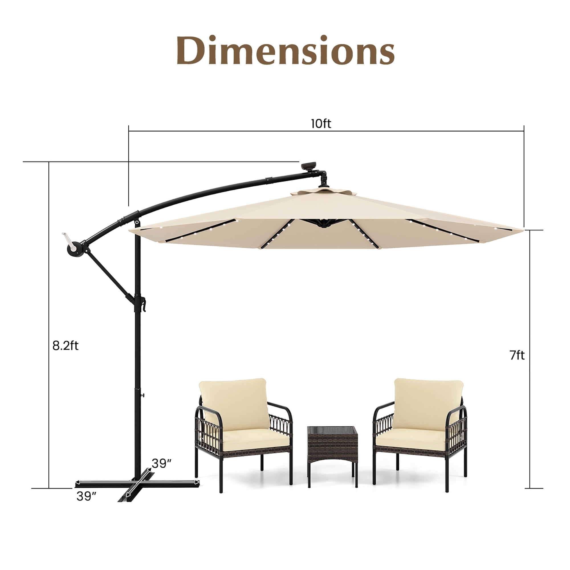Gymax 10 ft Patio Offset Umbrella w/ Solar Lights Deck Umbrella w/ Easy Tilt Adjustment Beige