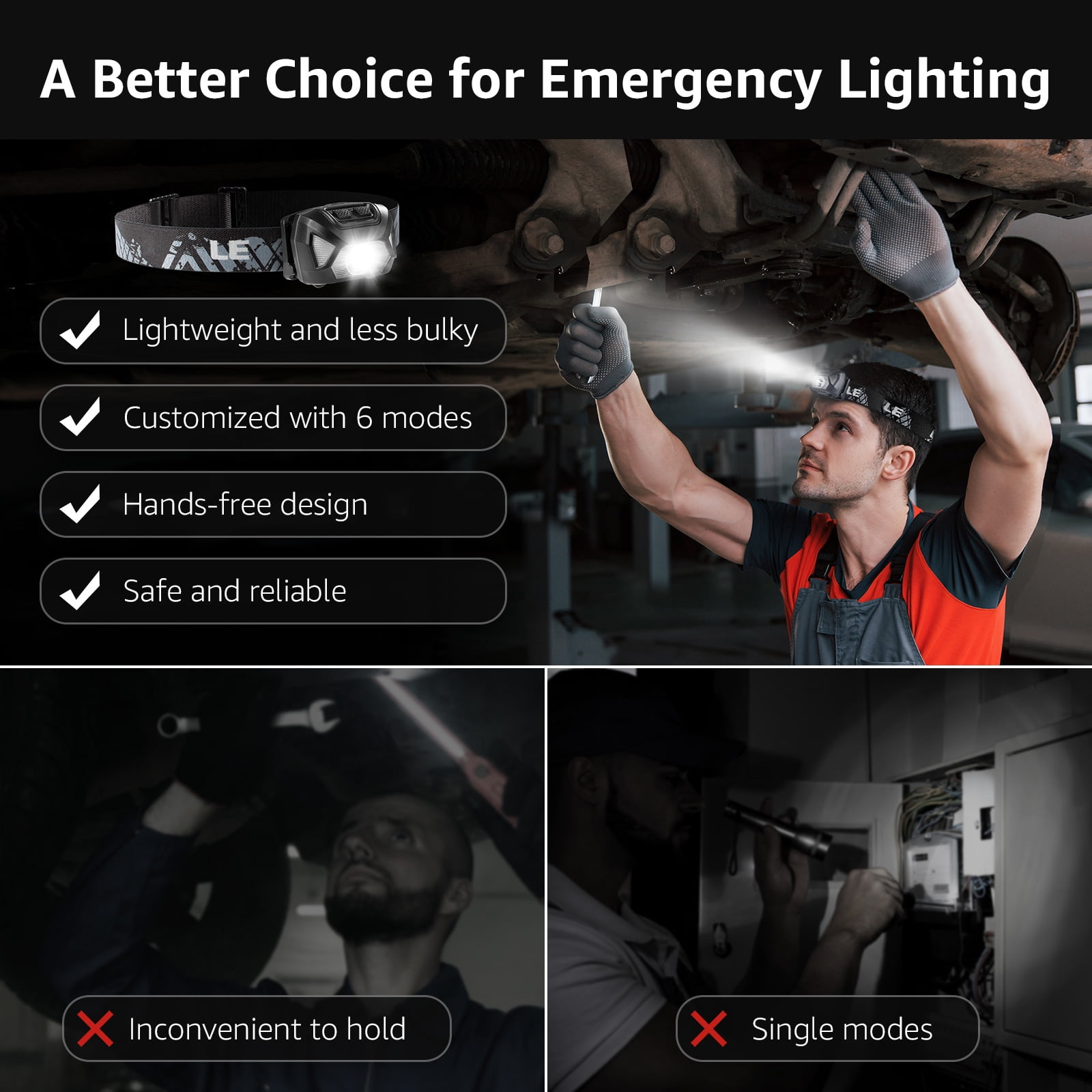 Lepro 2-Pack Battery-Powered Head lamp, 1300 Lux Super Bright with Adjustable Headband, 6 Modes including Red Light, IPX4 Waterproof Suitable for Camping and Outdoor Activities