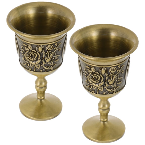 STRANDCHIC 2Pcs Light Brown Metal Embossed Wine Cups Zinc Alloy Vintage Goblets for Elegant Home Decor