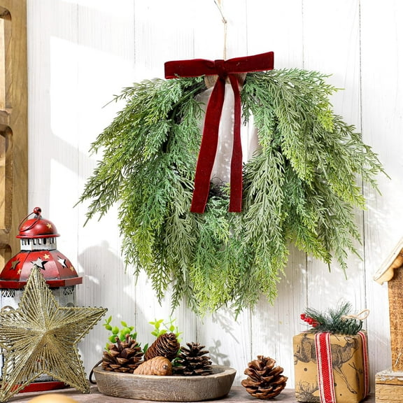 Guvpev 13.8" Artificial Cedar Christmas Wreath with Velvet Bows Green Christmas Draping Oval Cedar Wreath for Front Door, Wall, Windows, Indoor Outdoor Winter Festival Farmhouse Christmas Decorations