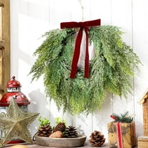 Guvpev 13.8" Artificial Cedar Christmas Wreath with Velvet Bows Green Christmas Draping Oval Cedar Wreath for Front Door, Wall, Windows, Indoor Outdoor Winter Festival Farmhouse Christmas Decorations