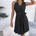 thumbnail image 4 of VSSSJ Women's Cross V Neck Sleeveless Tunic Mini Pleated Dresses Solid Color Belted Slim Elegant A-Line Swing Summer Short Dress Black S, 4 of 7