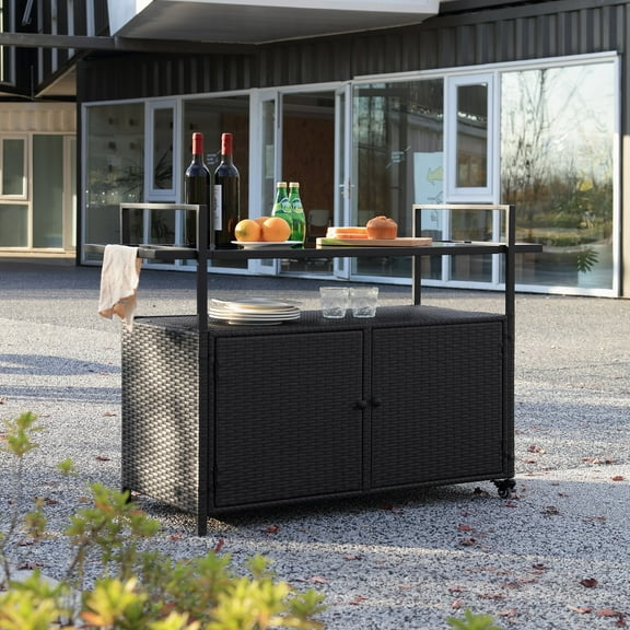 Outdoor Wicker Bar Cart with Wheels