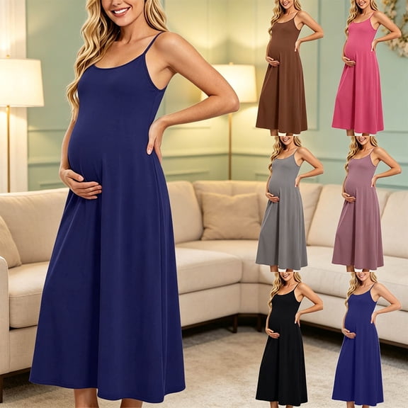 Frostluinai Women's Maternity Summer Casual Sundress Spaghetti Strap Sleeveless Maxi Dress Long Baby Shower Pregnancy Dresses S-3XL