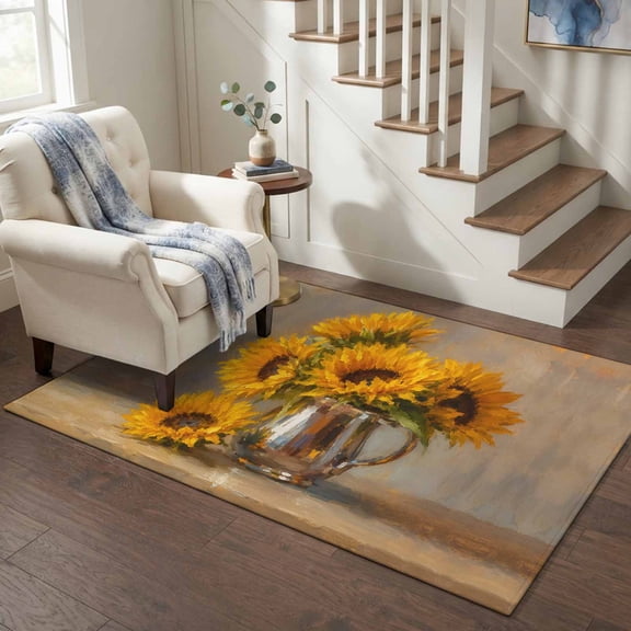 Area Rugs 4'x6'. Sunflower Carpet Runner Indoor Outdoor Rugs Home Decor Aesthetic, Vintage Yellow Botanical Floral Summer Non Slip Mats Washable Accent Rug for Living Room Bedroom