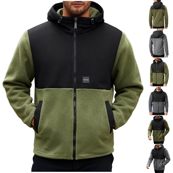 RYDCOT Men's Sherpa Polar Fleece Full Zip up Color Block Jacket with Hood Pockets Winter Warm Thick Outwear Coat Hiking Climbing Gray