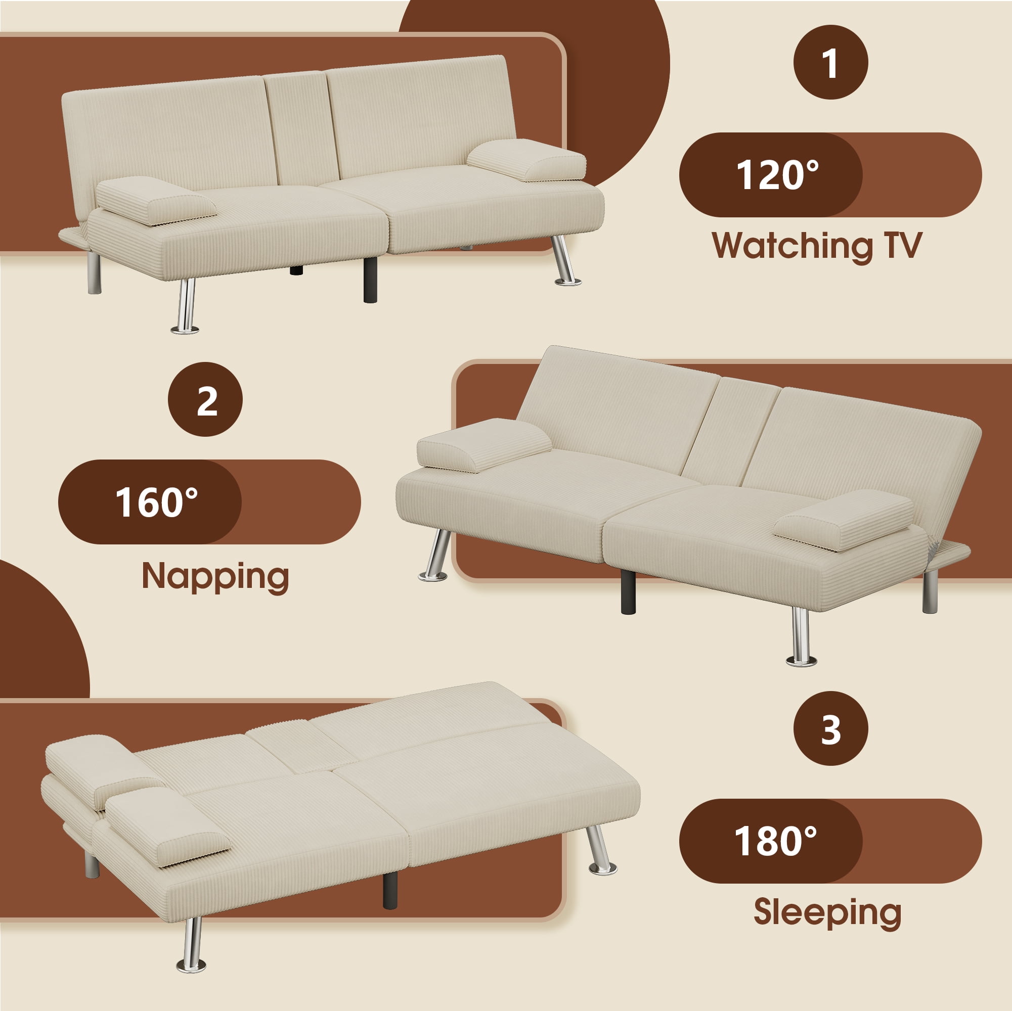 Homall  Futon Sofa Bed with Armrests and Cup Holders,Adjustable Backrest Angles,Convertible bed,Beige