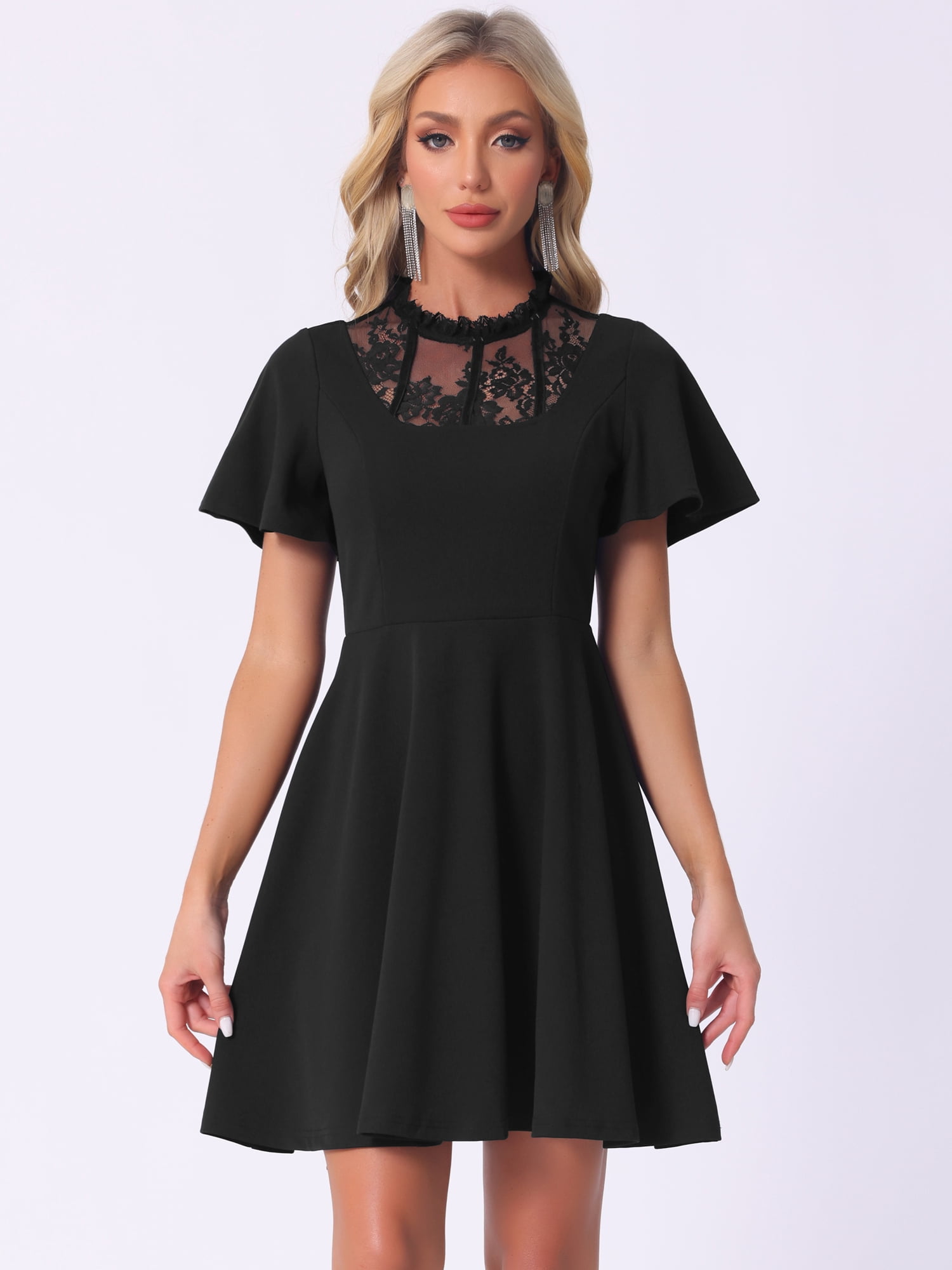 Unique Bargains Women's Lace Mesh Halter Neck Gothic Midi Dresses XL Black