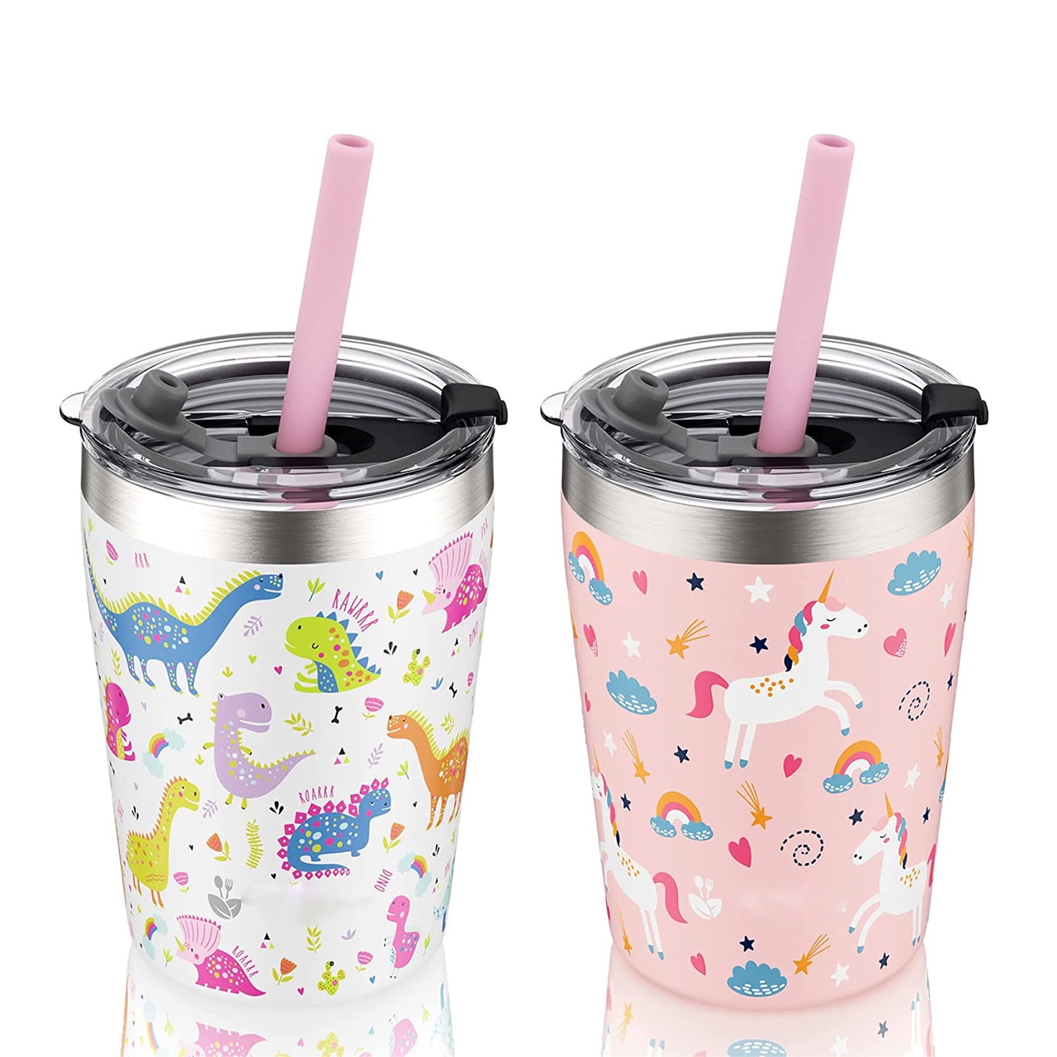tweevo Kids Tumblers with Spill-Proof Screw Lids - Tumbler, Stainless Steel Cups with Straws and & Straw Brush Adorable Spill Proof for 2 Pack (Pink