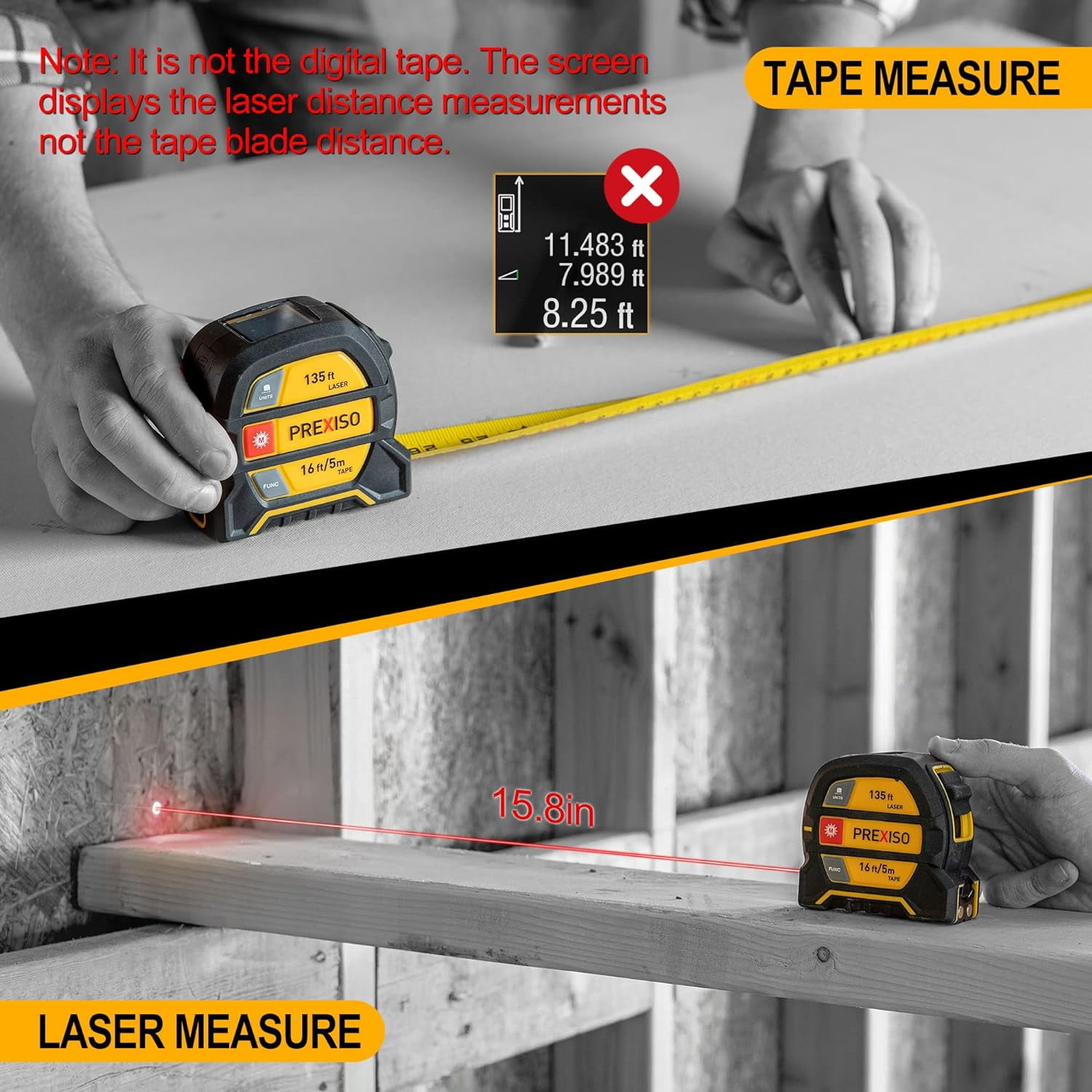 Laser Tape Measure 2-in-1, 135Ft Laser Measuring Tool & 16Ft
