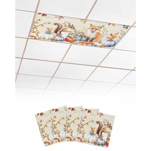 Fall Thanksgiving Fluorescent Light Covers for Ceiling Lights 4x2 feet,4 Pack Magnetic Light Filters for Classroom,Vintage Squirrel Fox Pumpkin Leaves Fluorescent Light Shade Panel for Office School