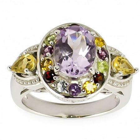 Citrine Amethyst Diamond Heart - Amethyst, Citrine, Garnet, Rhodolite, White Topaz and Peridot Gemstone Sterling Silver Ring (Size 7)
