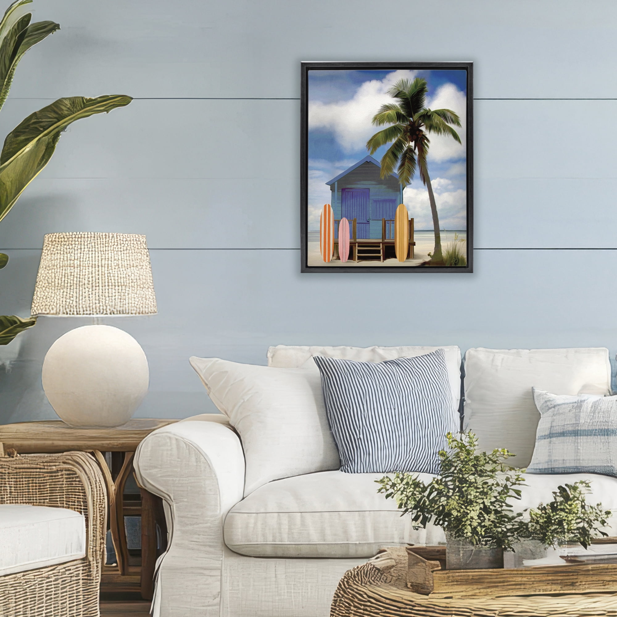 Stupell Industries Palm Overhanging Surf Shop Black Framed Floater Canvas Wall Art, design by Lisa R Dumm