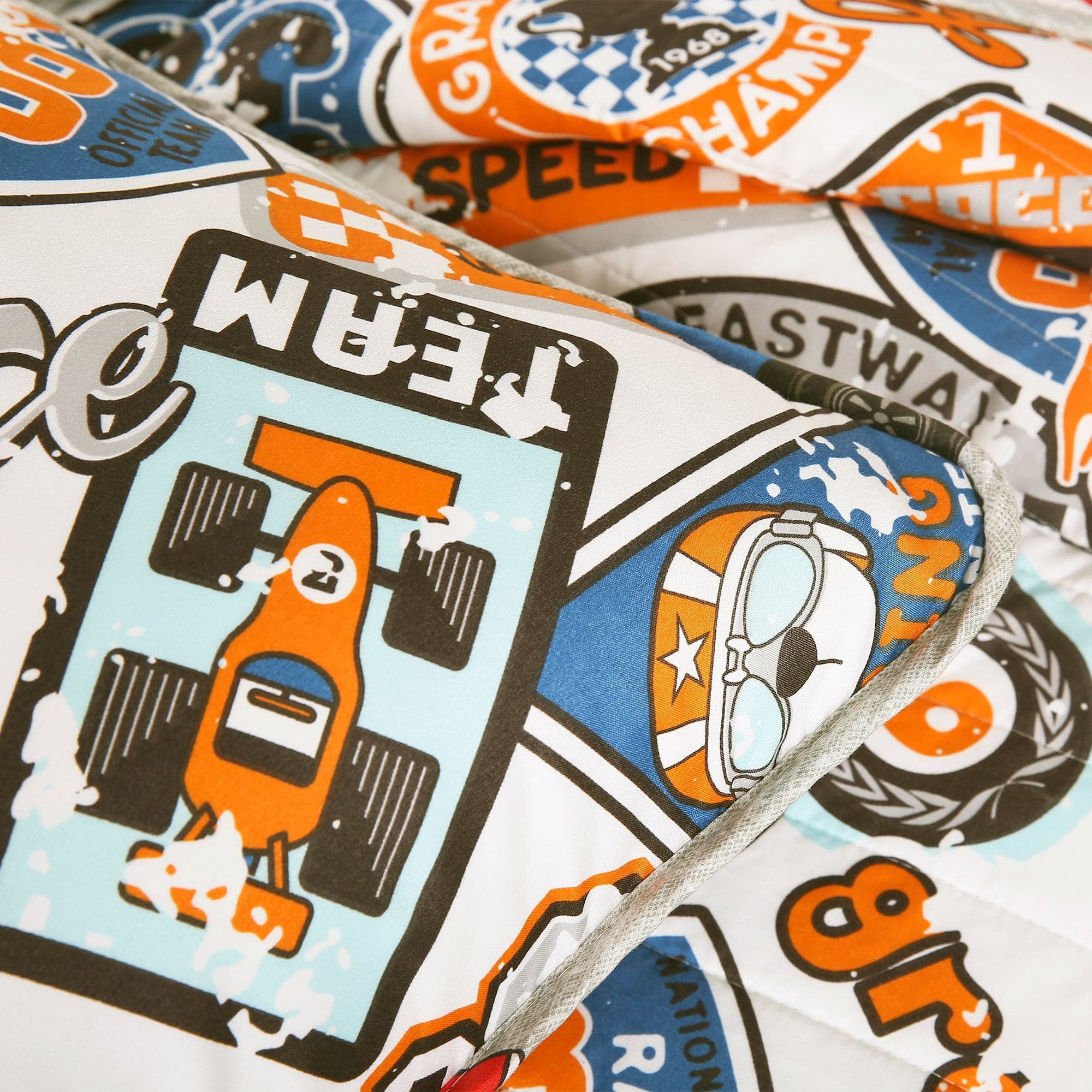 Lush Decor Race Cars Kids Polyester Reversible Quilt, Full/Queen, Blue/Orange, 3-Pc Set
