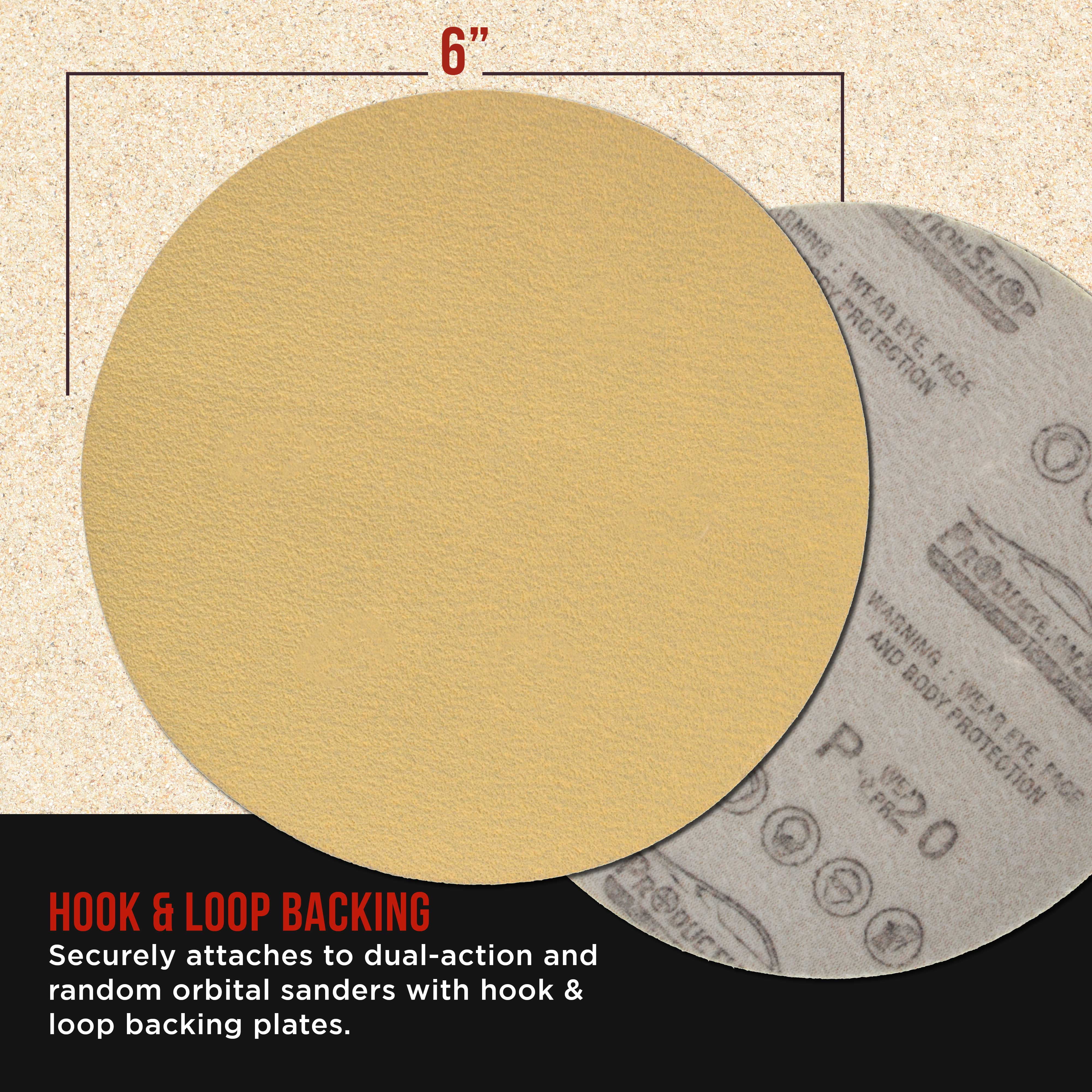 ProductionShop Premium 120 Grit 6" Gold Sanding Discs, Box of 100 - Hook & Loop Backing Abrasive Sandpaper for DA & Random Orbital Sanders - Sand Auto Paint, Metal, Wood, Woodworking Furniture