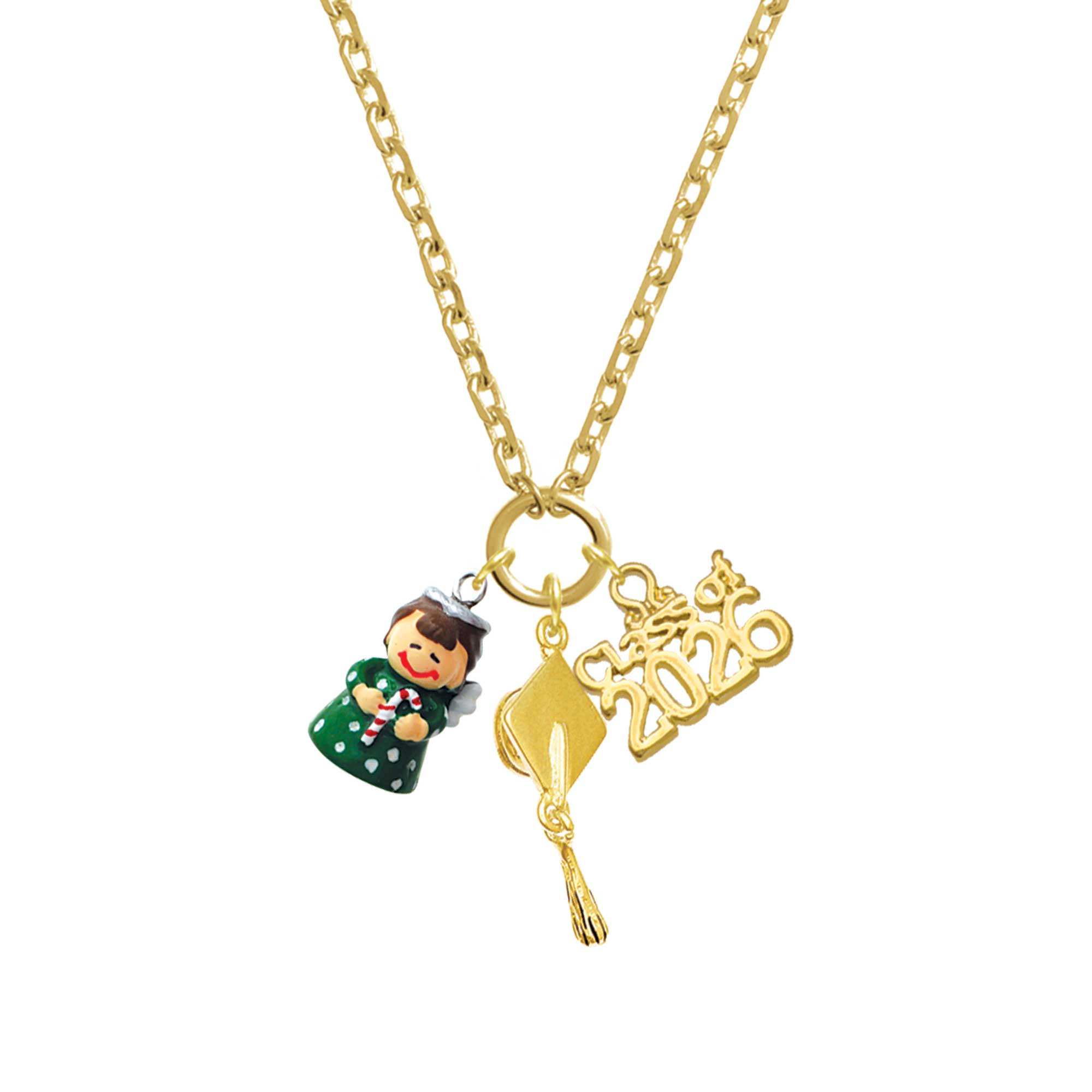 Delight Jewelry Resin Green Angel Holding Candy Cane - Gold-tone Class of 2026 Graduation Zoey Charm Necklace, 28"