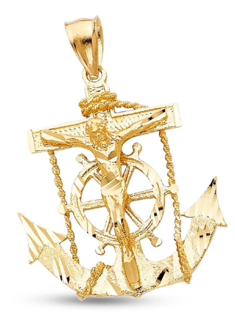 GemApex - Jesus Cross Mariner Charm Solid 14k Yellow Gold Anchor ...