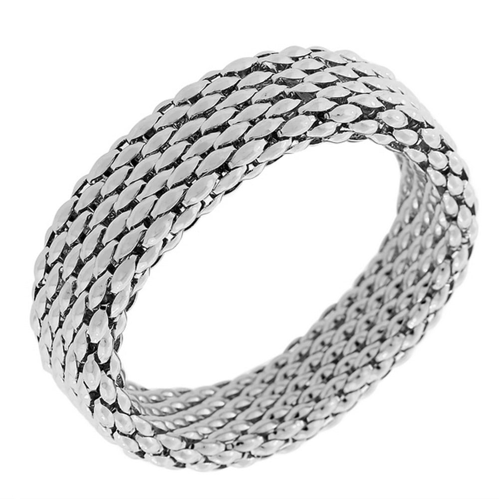 Stainless Steel White Gold Silver-Tone Mesh Wide Stretch Womens Bangle Bracelet 