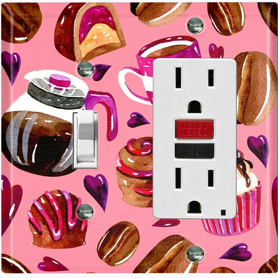 Metal Light Switch Wall Plate Outlet Cover (Coffee Mocha Candy Bean Toffee Swirl Cupcake Coffee Maker Pink Purple Hearts - Single Toggle Single Rocker)