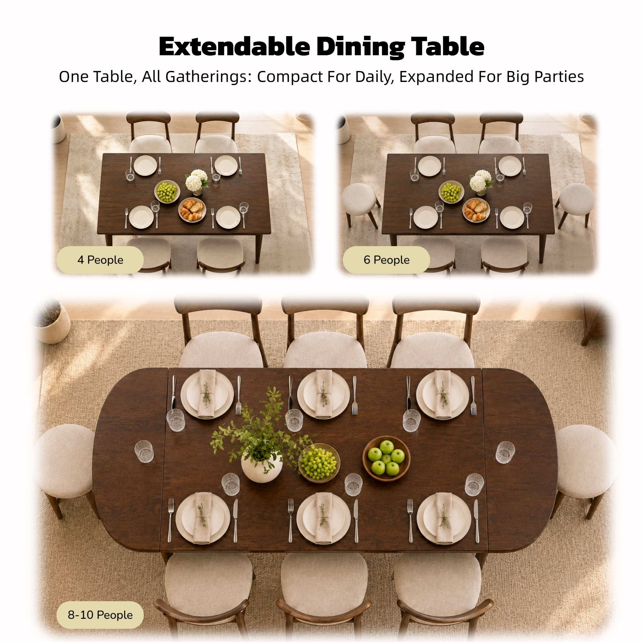 Solid Wood Extendable Dining Table Expandable Kitchen Table for 4-10 People 47.2"L-70.87"L Expandable Table for Dining Room, Kitchen, Living Room