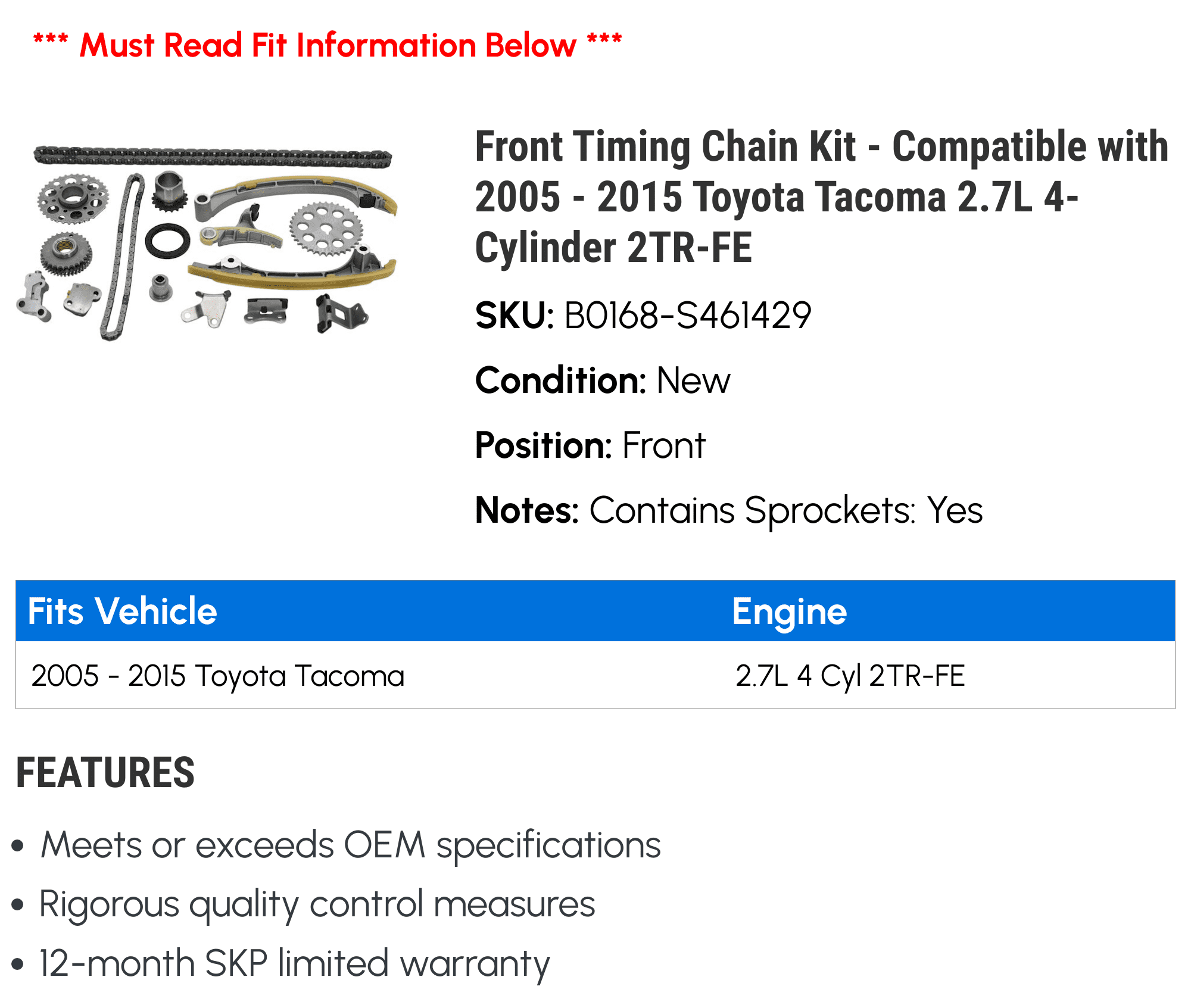 トヨタ・タコマ2.7 L 2 TRFE用ダイヤモンドパワータイミングチェーンキット交換用