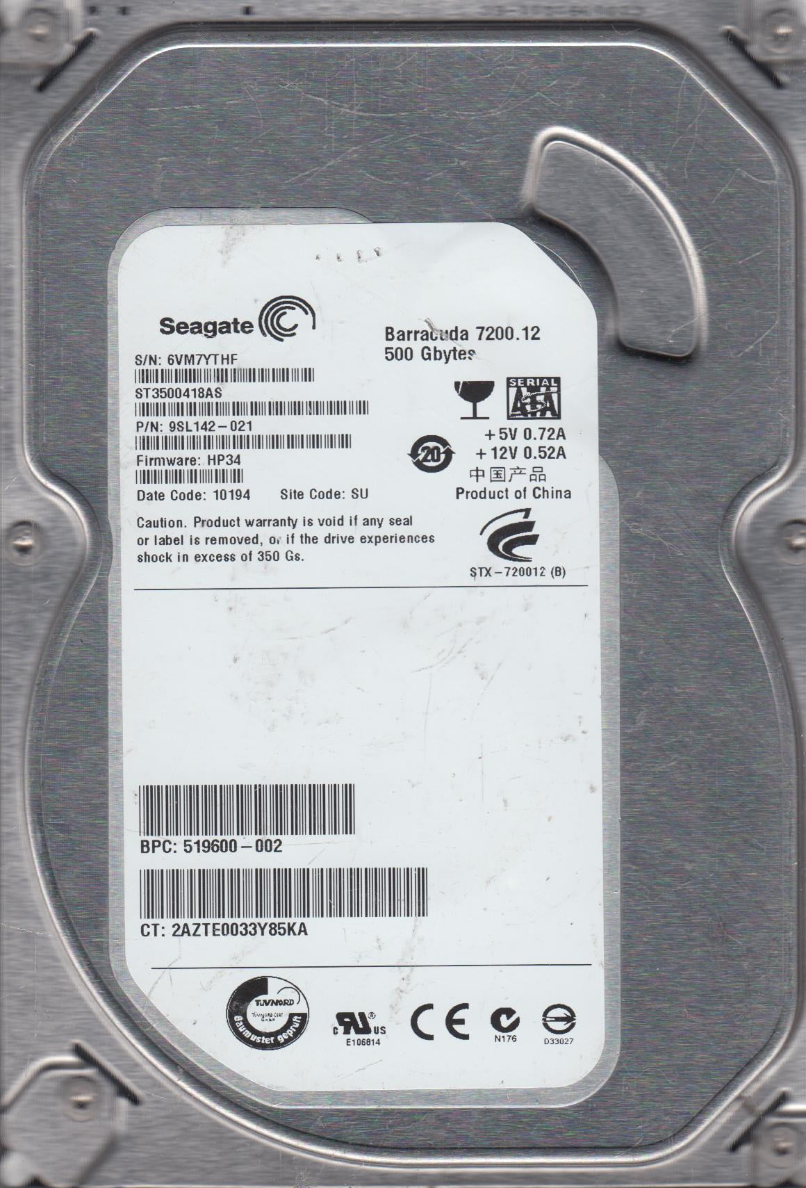 ST3500418AS, 6VM, SU, PN 9SL142-021, FW HP34, Seagate 500GB SATA 3.5 Hard Drive