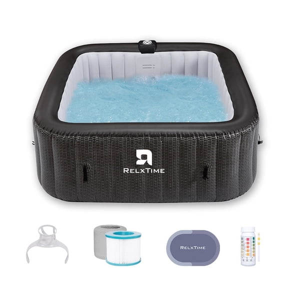RELXTIME 73" 4-6 Person Inflatable Hot Tub Outdoor Square Spa Pool Built in Heater Pump, 130 Massage Jets, Black