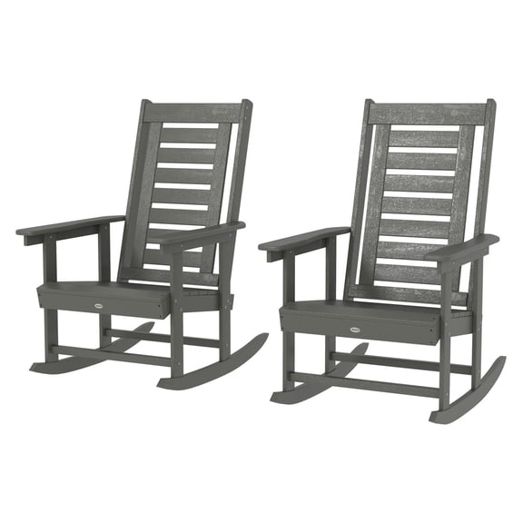 Outdoor Rocking Chairs 2-Piece Set, HDPE Patio Rockers, 28" High Back, Wide Armrests, Dark Gray - Porch, Backyard, Garden Furniture