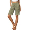 thumbnail image 3 of Women's Cotton Elastic Waist Shorts with Pockets Solid Knee Length, Mid Rise Drawstring Casual Summer Beach Walking Hiking Shorts, Womens Shorts | UKHCCC,Army Green L, 3 of 9