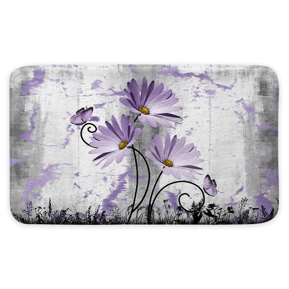Rustic Farmhouse Bath Rug, Farm Purple Grey Daisy Floral Flowers and Butterfly on Country Wooden Bath Mat, Gray White Violet Kitchen Rug Floor Mat Soft Non Slip Runner Carpet Indoor Doormat 19X31IN