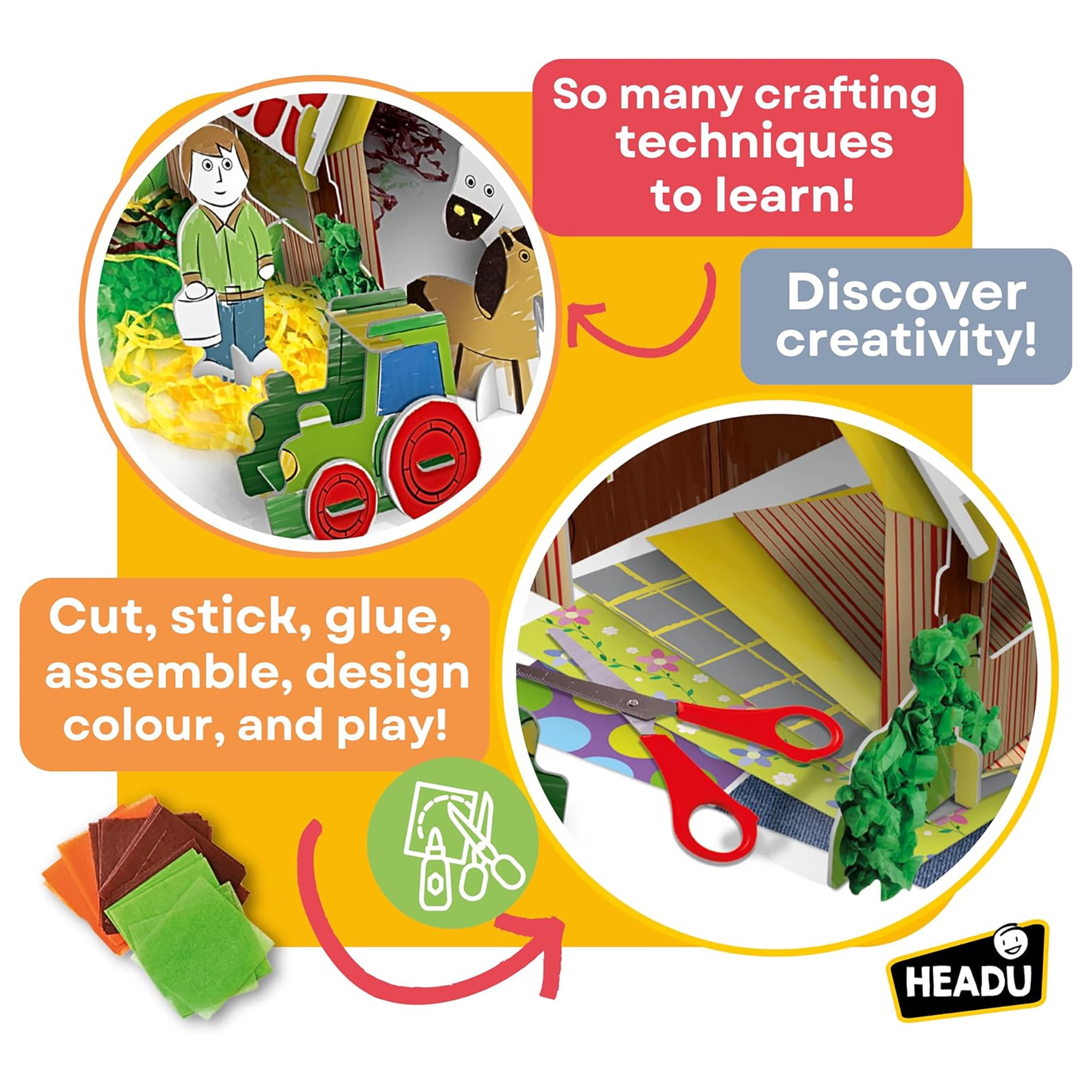 Headu: My First Creative Farm - Build-Color-Decorate a 3D Farm Scene, Barn-Animals-Farmers Cut-Out Pieces, DIY Tactile Storytelling Crafting, Kids 4+