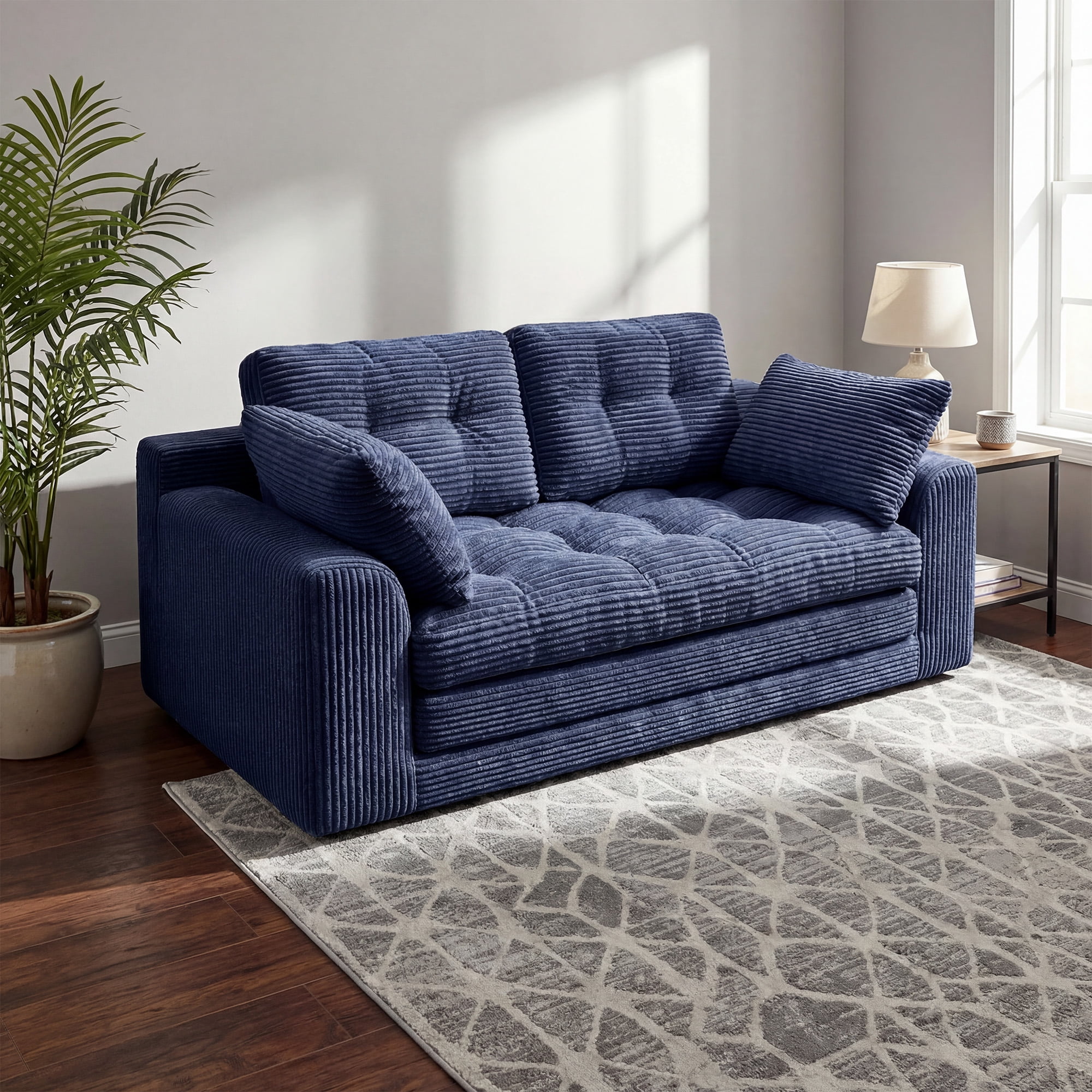 EnHomee 58.6" Foldable Sofa for Adult Loveseat Sofa Couch with Deep Seat Adjustable Floor Sofa Couch with 4 Pillows,Navy Blue
