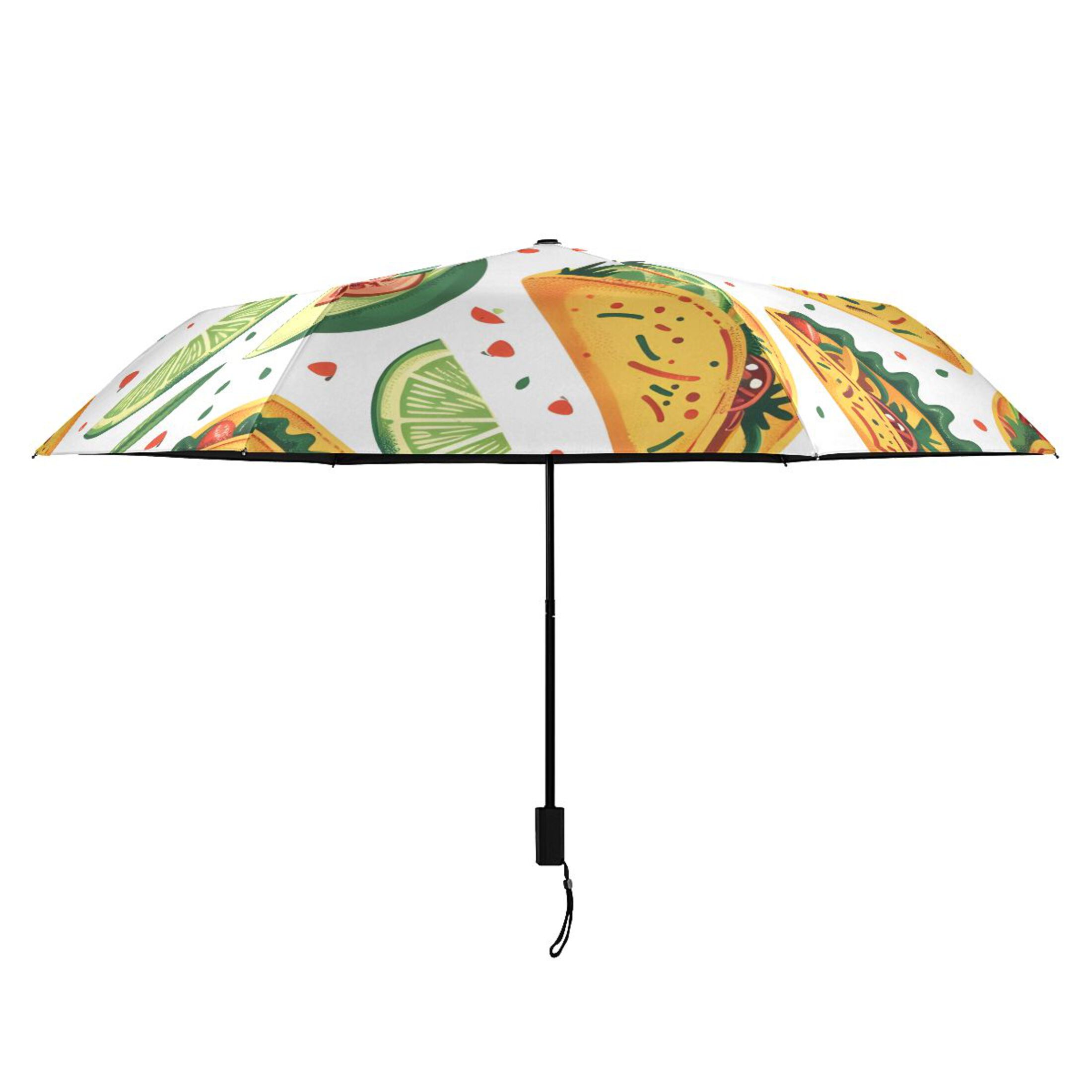 Mexico Food Tacos Chili Lemons All Weather Umbrella Triple Folding Parasol 6 Ribs UV Protection Portable