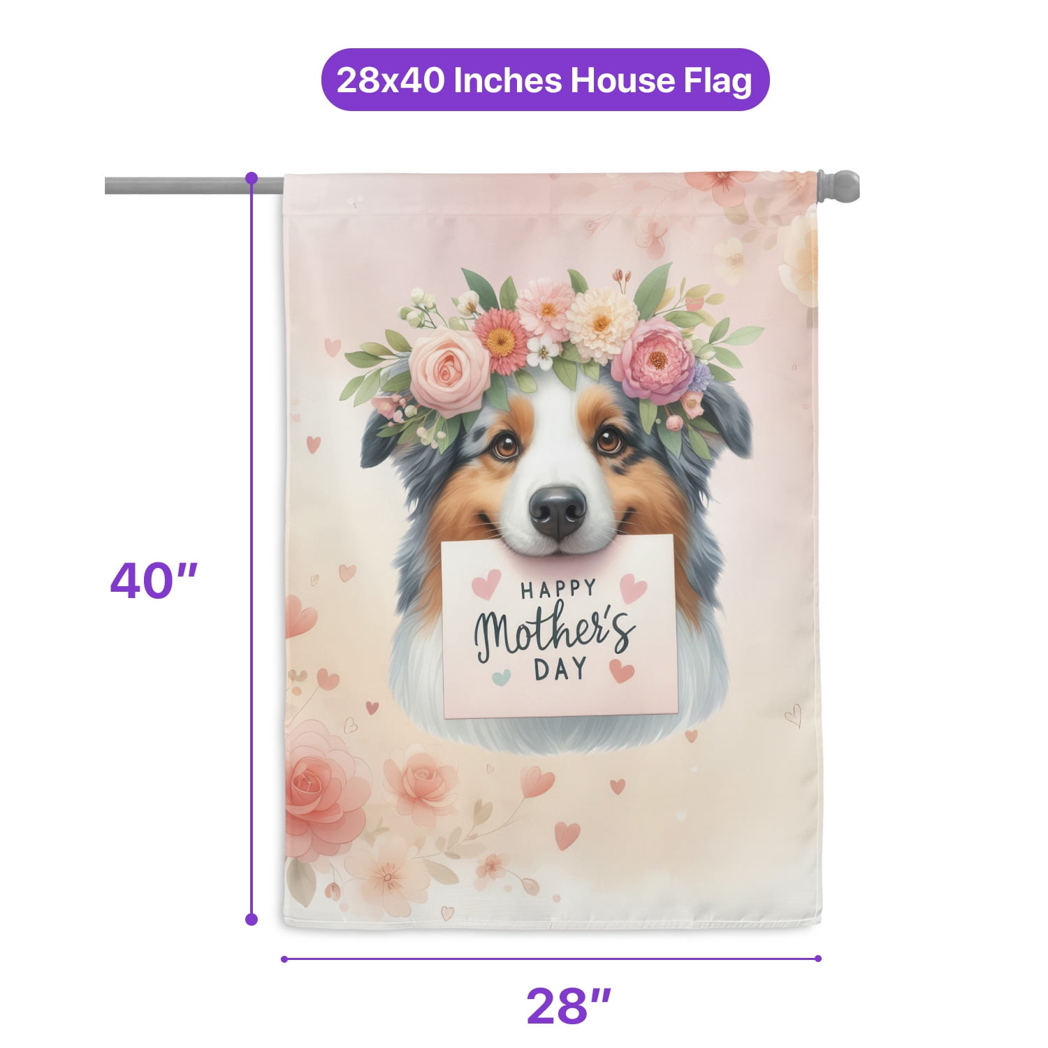 Happy Mother's Day Australian Shepherd with Flower Crown and Greeting Card House Flag 28x40in Double Sided Aussie Dog Lover Gifts Outdoor Decor - 13004