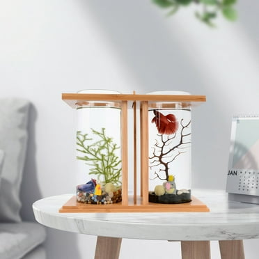 Mini Fish Tank with LED Light, Bamboo Wood Base, Dual Fish Tanks for Betta and Goldfish, 360-Degree Viewing, Stylish Home Decor for Bedroom and Office