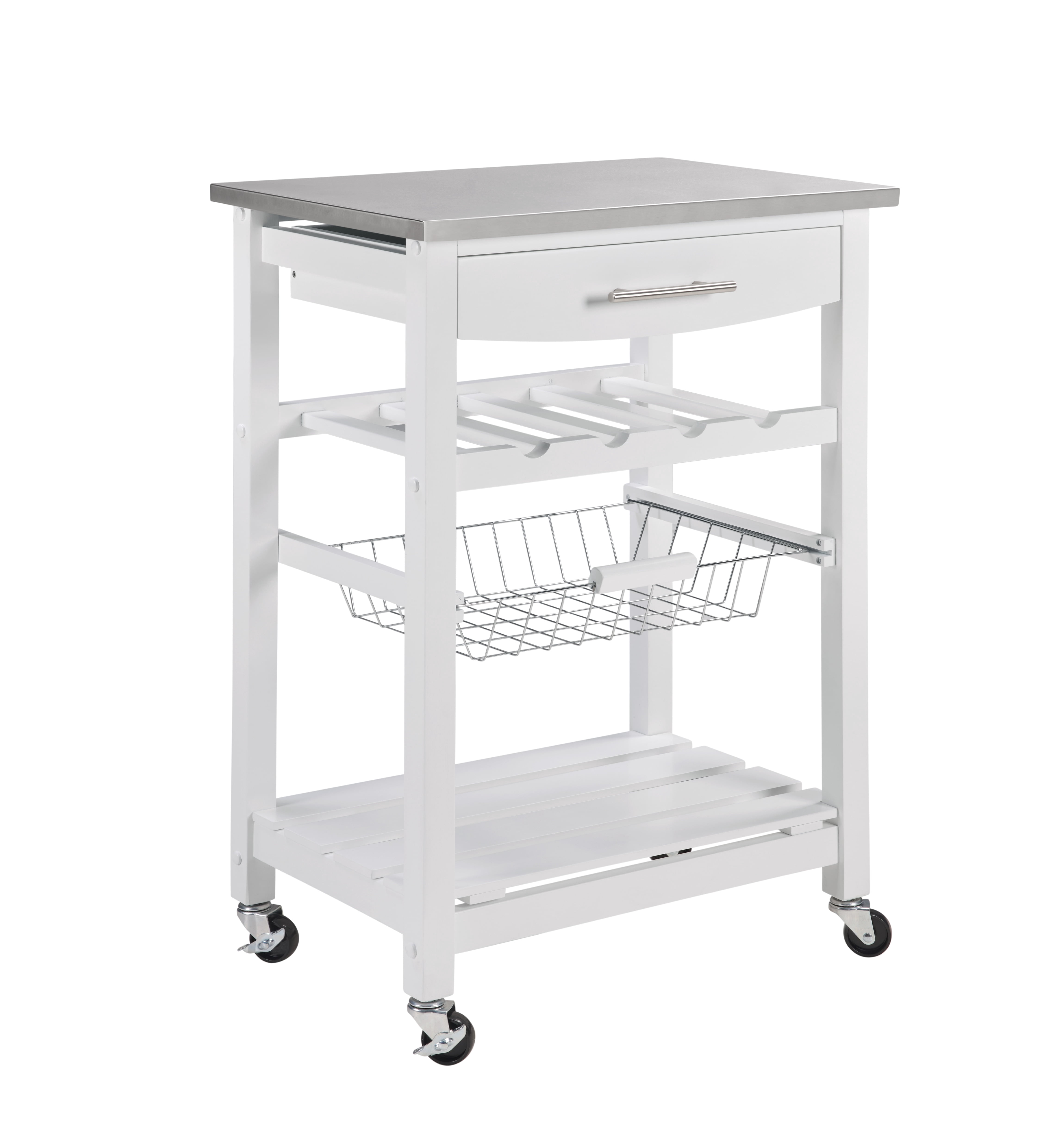 Mobile Rolling Kitchen Island with Stainless Steel Top, Drawer & Storage Basket