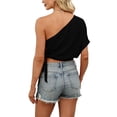 thumbnail image 5 of Women's One Shoulder Tops Short Sleeve Crop Top with Tie Side Textured Breathable Summer Blouse Black M, 5 of 7