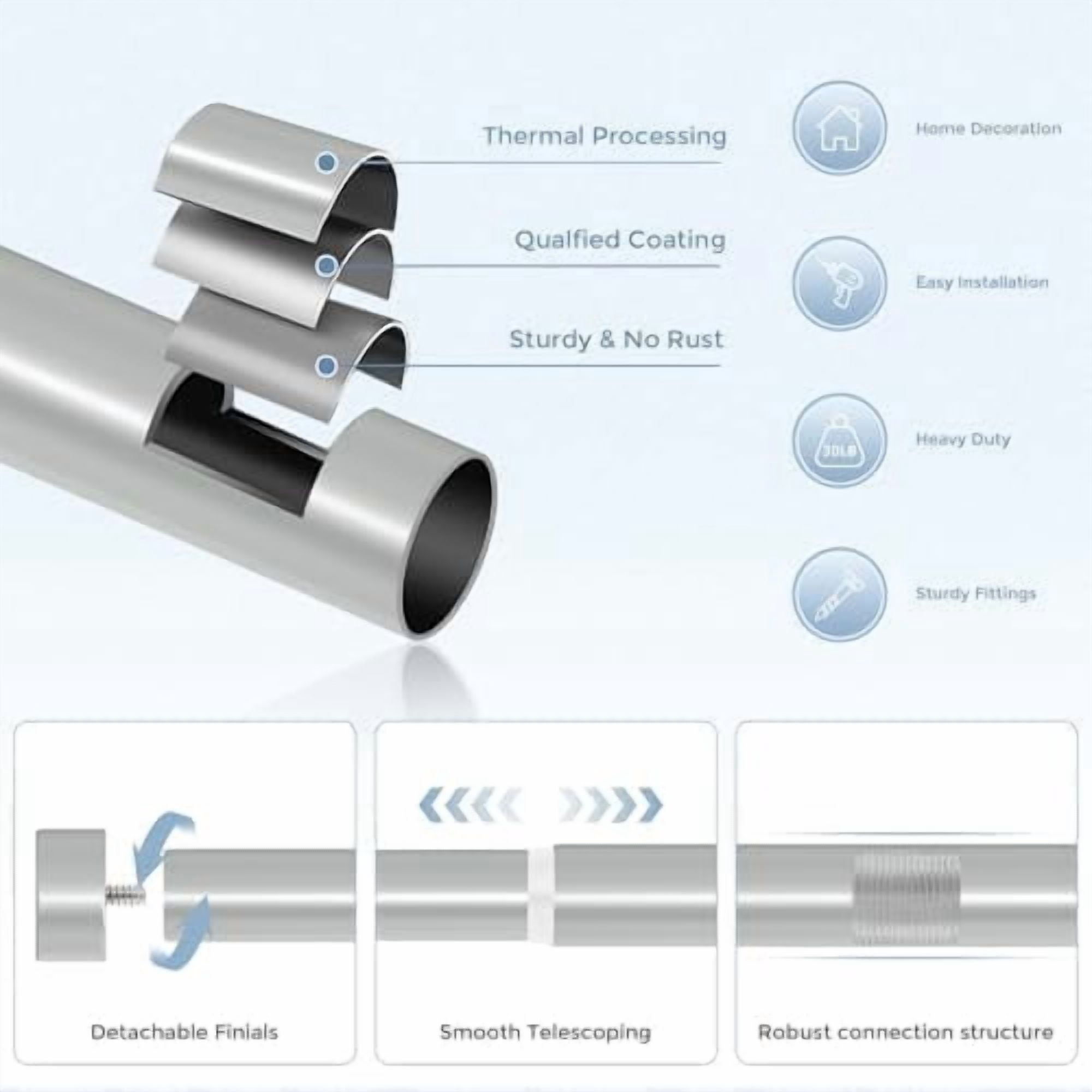 Silver Curtain Rods for Windows 36 to 176 Inch(3-14 Feet),1" Diameter Rods with Modern Style End Cap Finials,Size:36-176 Inch