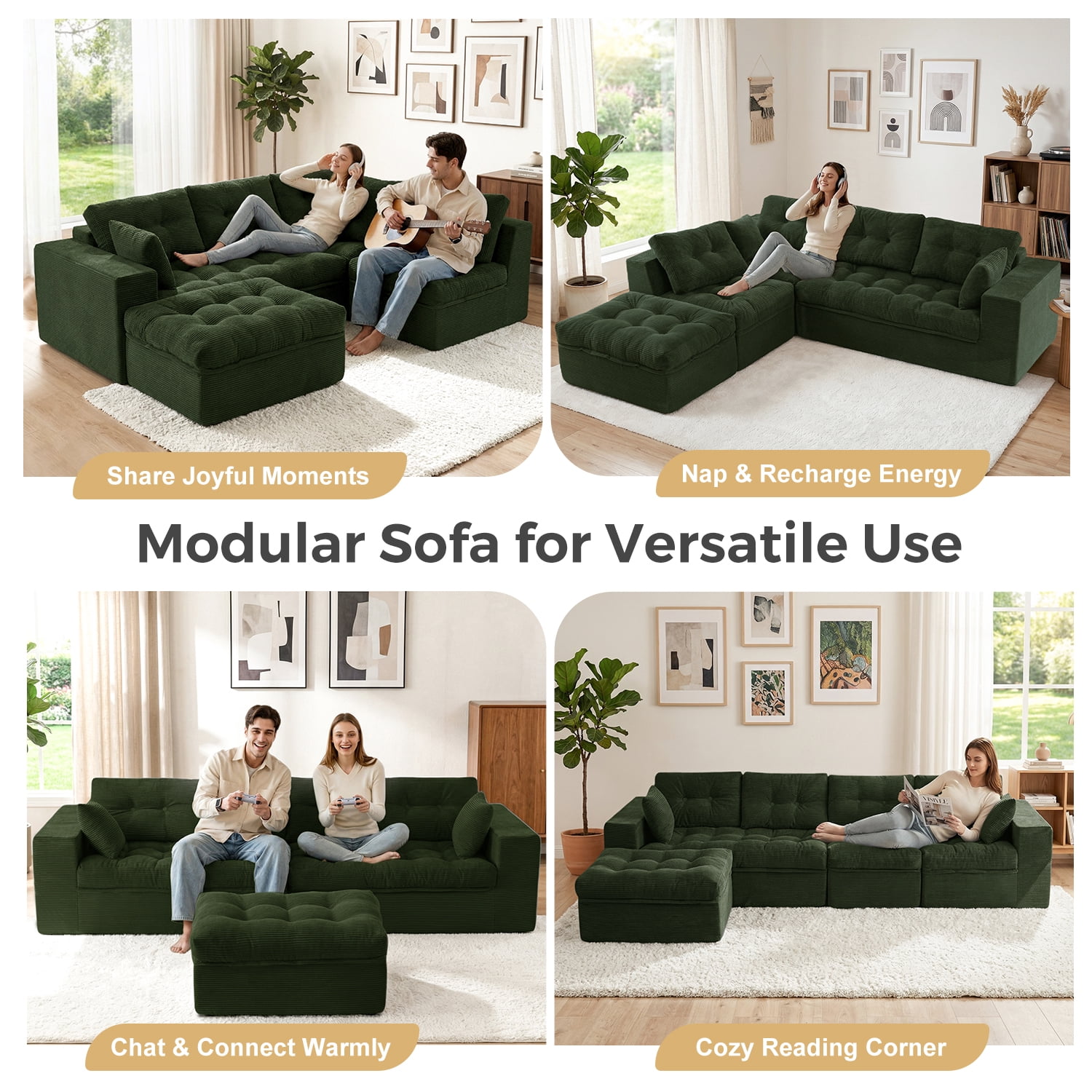 BYBYME 130"Oversized L-Shaped Sectional Sofa Cloud Boneless Modular Couch,Upholstered Sofa with Convertible Left/Right Ottoman for Living Room Bedroom,No Assembly,DGreen
