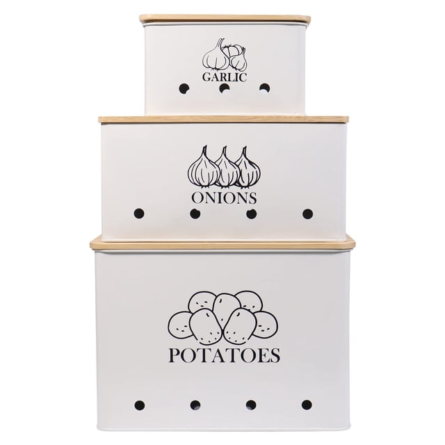 Juego de 3 latas de cocina para patatas, cebolla y ajo, color blanco