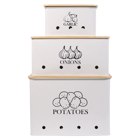 Juego de 3 latas de cocina para patatas, cebolla y ajo, color blanco